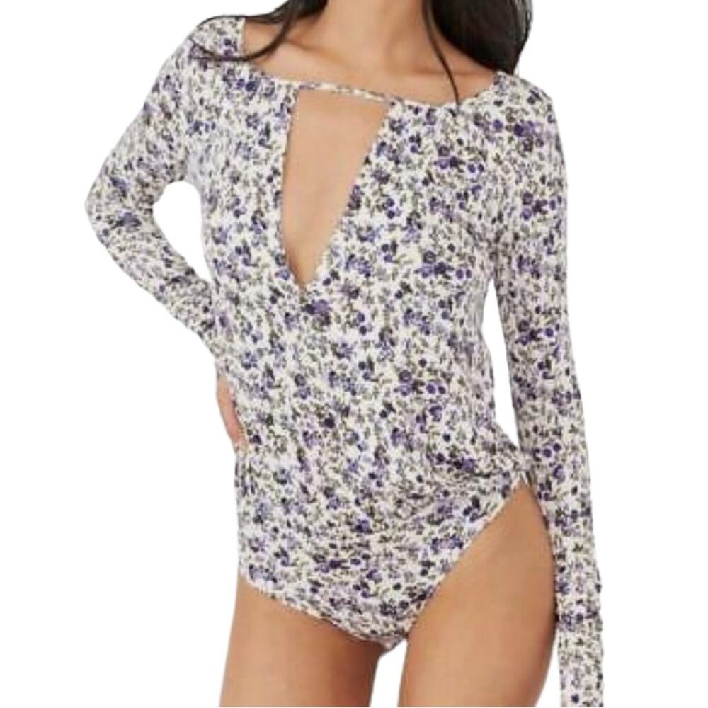 Free People Kaya Ivory Purple Floral Cut Out Long Sleeve Bodysuit XS - Picture 2 of 9